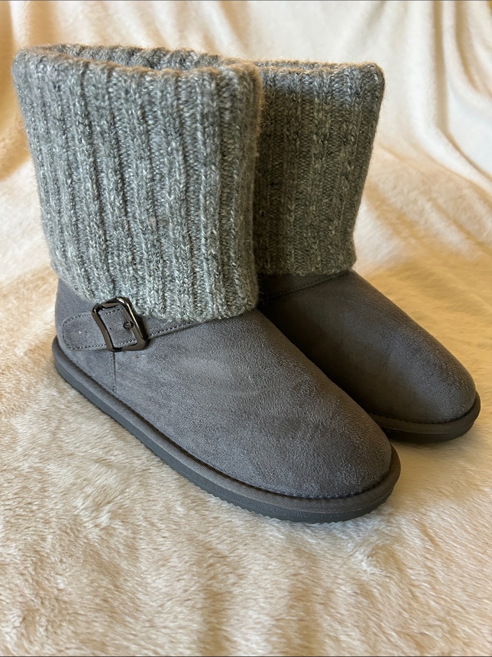 NWOB Knit-Cuff Suede-Style Ankle Booties in Gray
